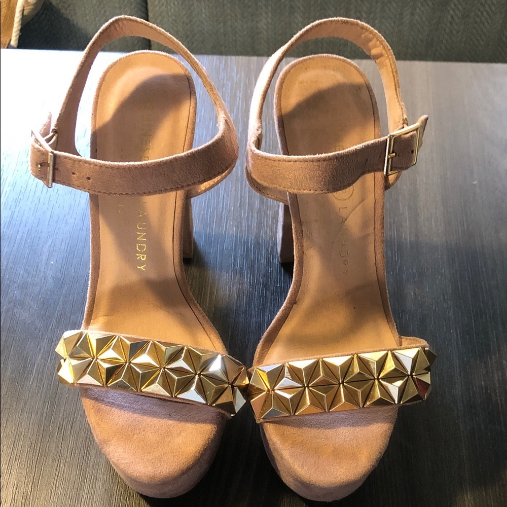 Chinese Laundry Tan Suede Block Heels with Gold Stud Detail